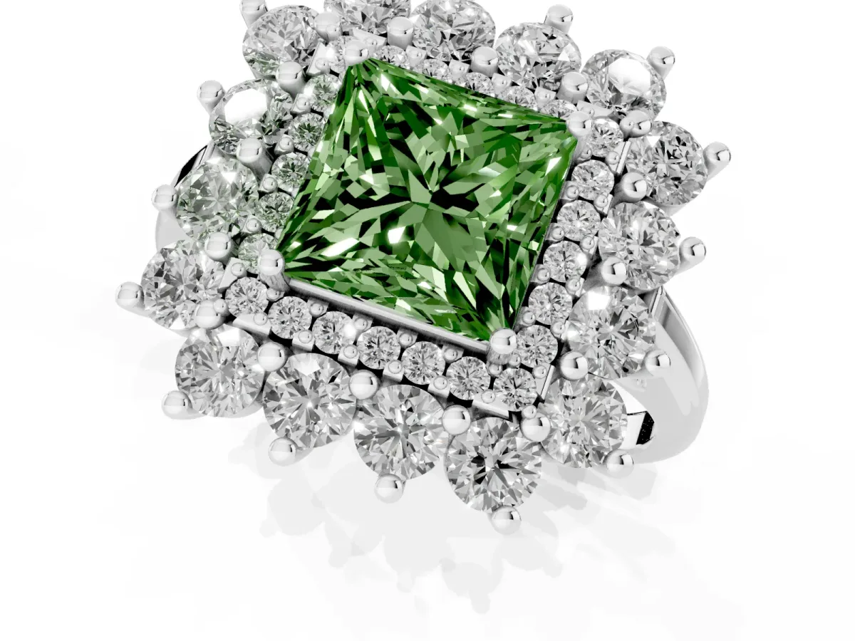 Fancy Green Princess Cut Diamond Floral Double Halo Engagement Ring with Prong Setting White gold