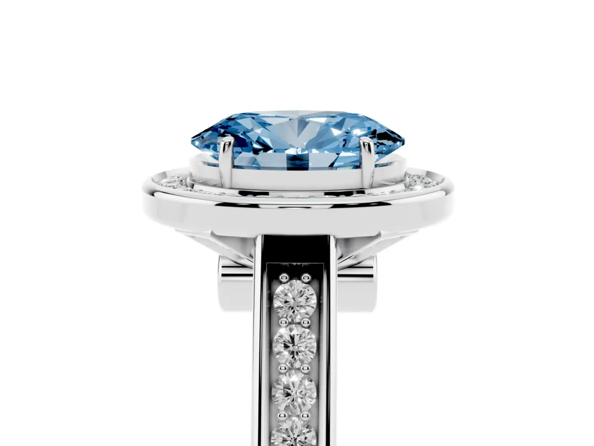 Fancy Blue Oval Cut Halo Solitaire Diamond Ring with Pave Band and Bezel Setting Silver