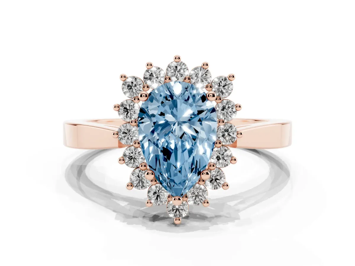 Fancy Blue Pear Cut Cut Diamond Halo Ring with Round Brilliant Halo and Solitaire Band Rose gold