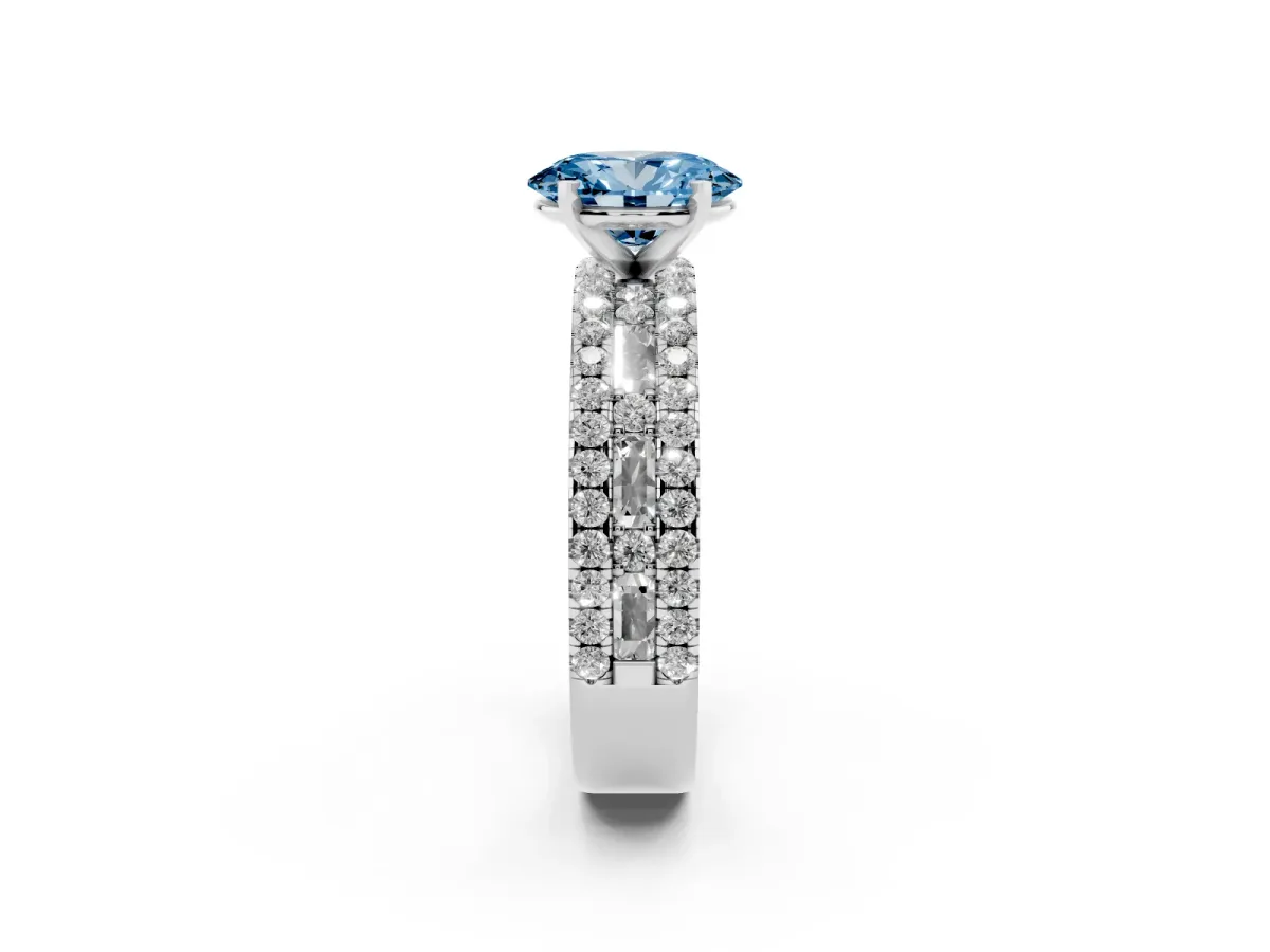 Fancy Blue Oval Cut Diamond Solitaire Ring with Pavé and Channel Set Band Silver