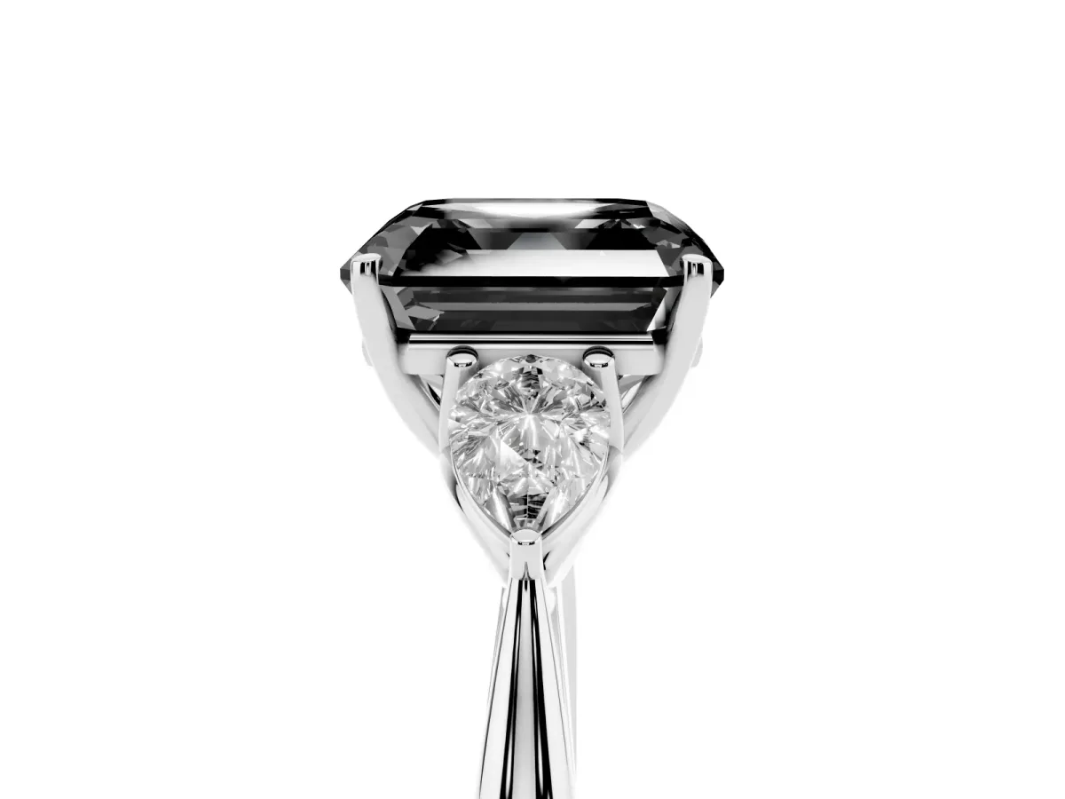 Fancy Black Asscher Cut Diamond Three-Stone Ring with Pear Side Stones and Prong Setting Silver