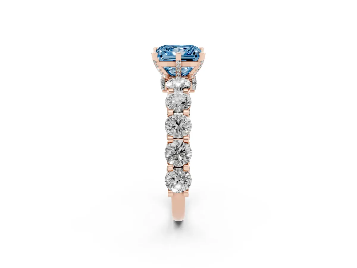 Fancy Blue Princess Cut Diamond Side Stone Engagement Ring with Four-Prong Setting Rose gold