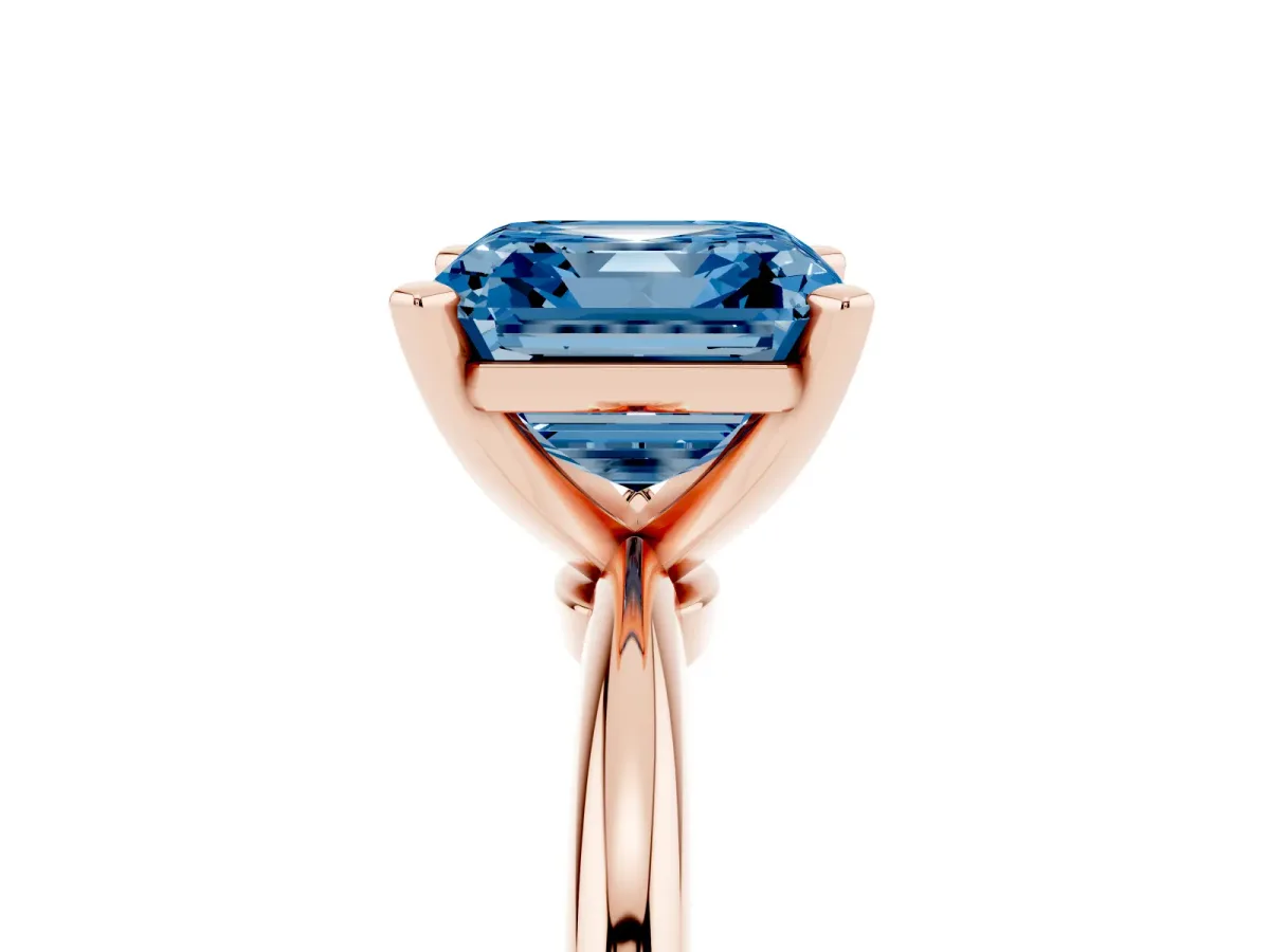 Fancy Blue Asscher Cut Diamond Solitaire Ring with Prong Setting and Classic Band Rose gold