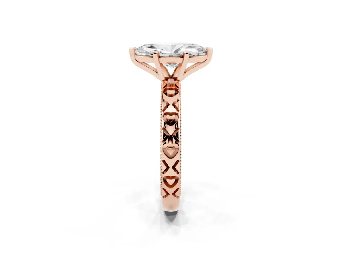 Marquise Cut Solitaire Diamond Engagement Ring with XO Engraved Band and Four-Prong Setting Rose gold
