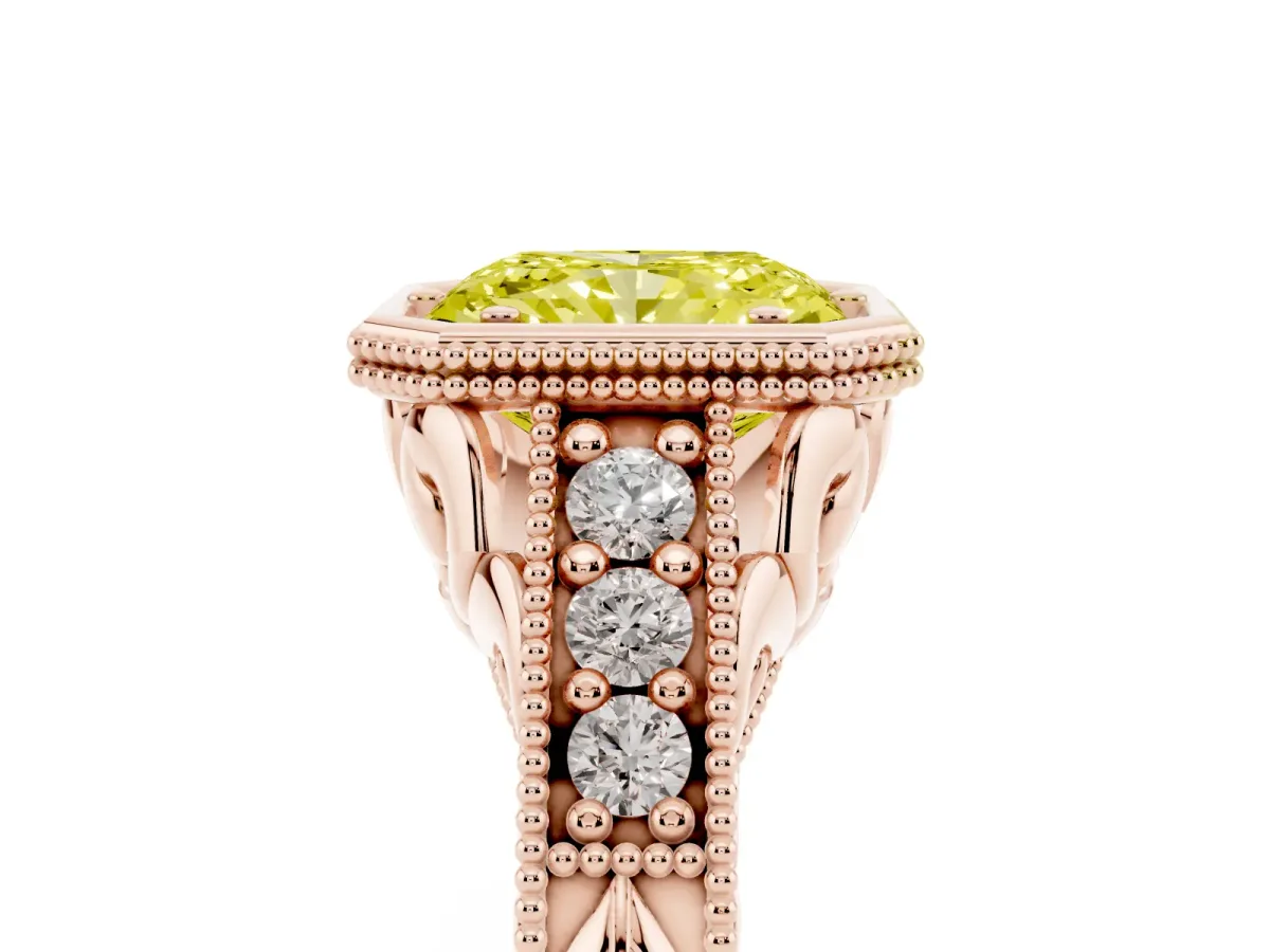 Fancy Yellow Bezel Set Radiant Cut Diamond Milgrain Pave Engagement Ring Rose gold