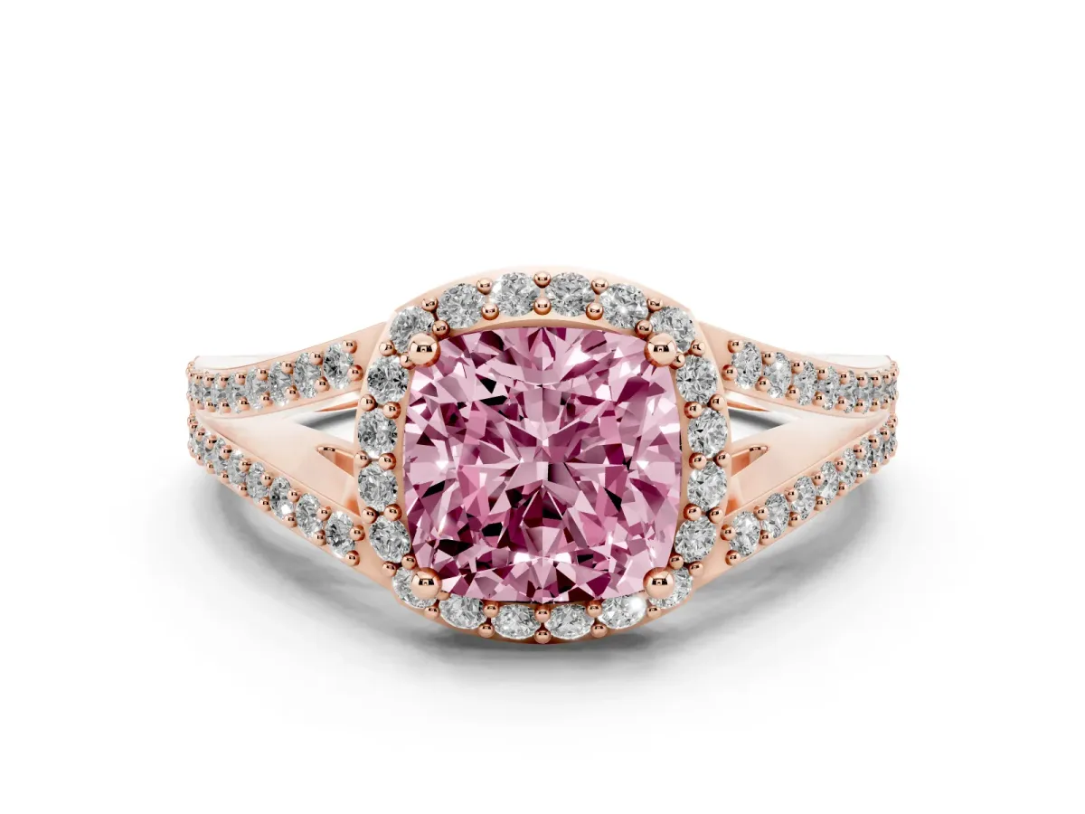 Fancy Pink Cushion Cut Halo Split Shank Diamond Ring with Prong Setting Rose gold