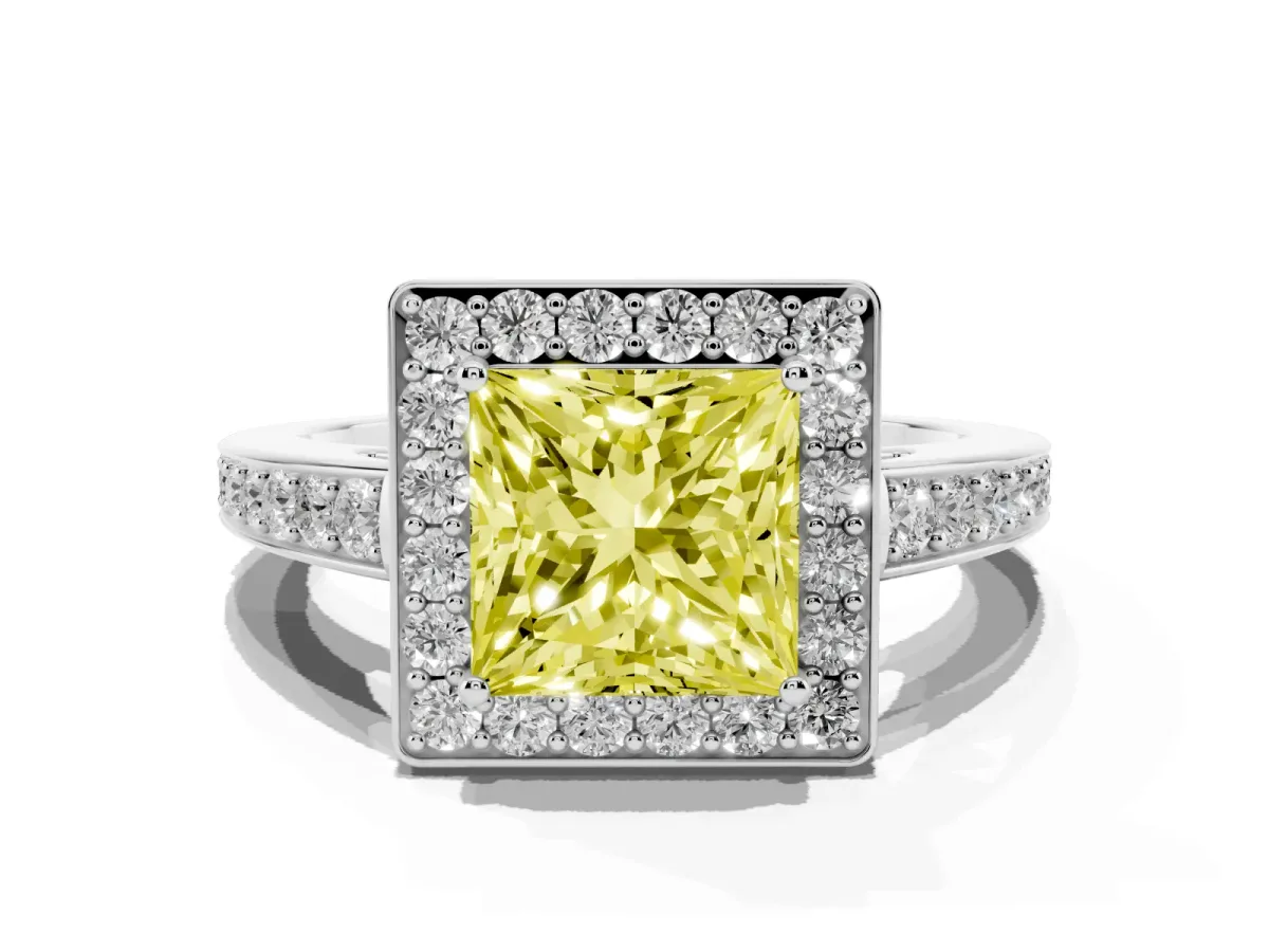 Fancy Yellow Princess Cut Halo Pavé Diamond Engagement Ring with Bezel Setting Silver