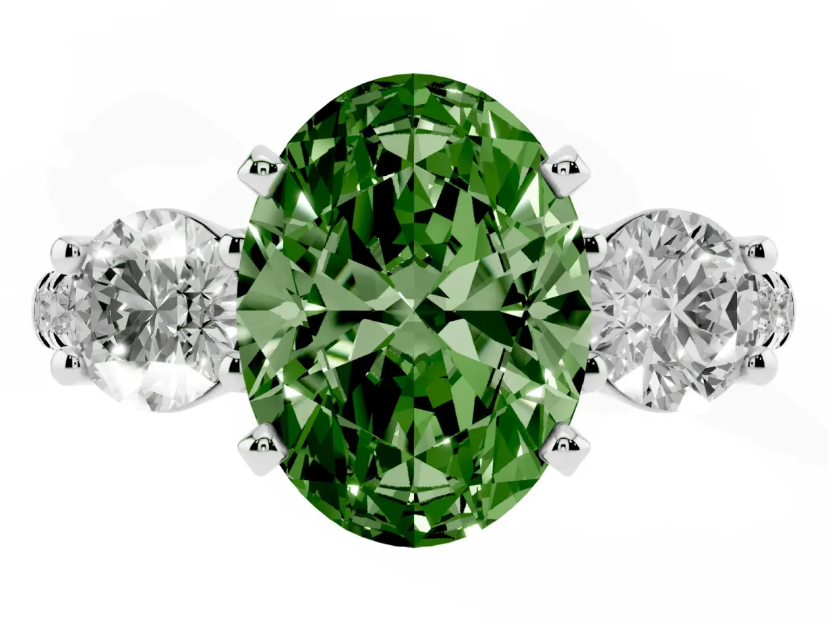 Fancy Green Three-Stone Oval Cut Diamond Pavé Band with Four-Prong Setting Platinum