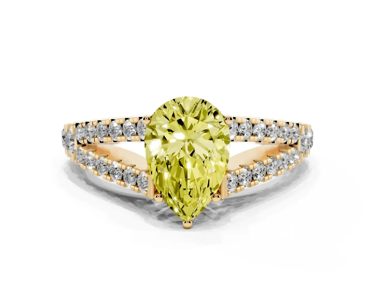 Fancy Yellow Pear Cut Diamond Split Shank Engagement Ring with Round Pavé and Prong Setting Yellow gold