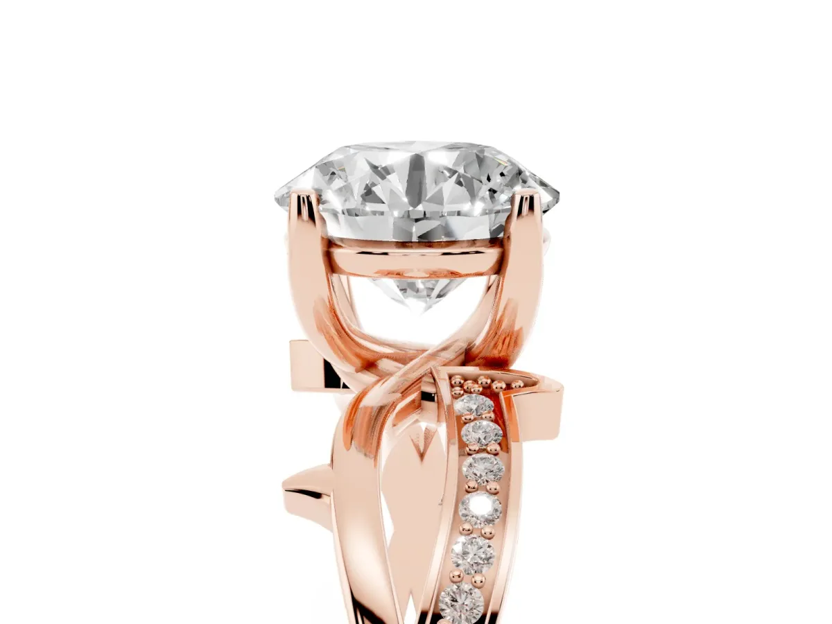Round Cut Solitaire Twist Band with Pavé Accents and Four-Prong Setting Rose gold