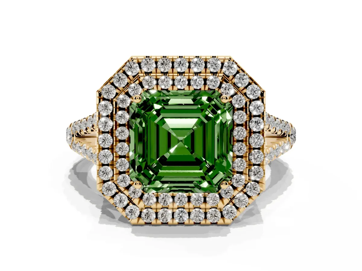Fancy Green Asscher Cut Diamond Double Halo Ring with Pavé Band and Prong Setting Yellow gold