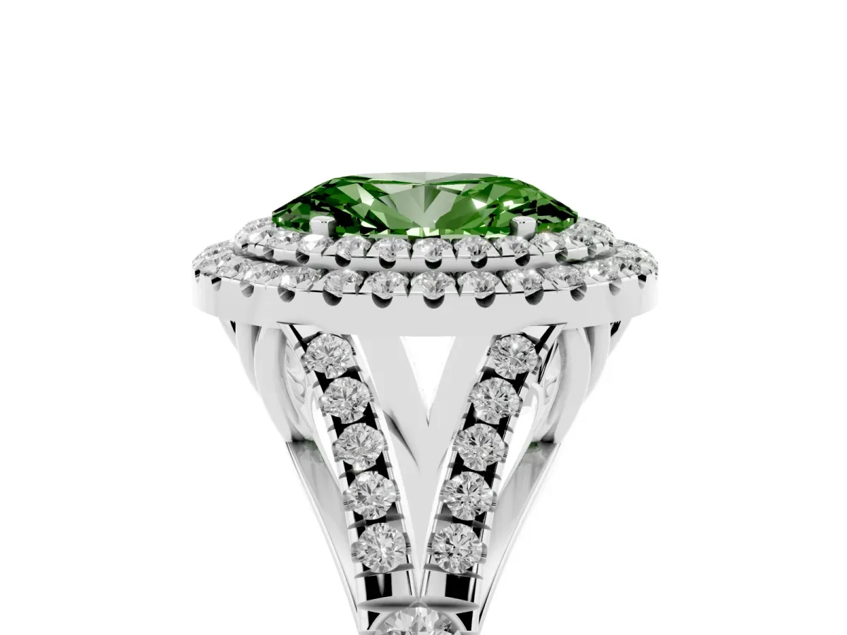 Fancy Green Oval Cut Cut Double Halo Split Shank Diamond Ring with Prong Setting Silver