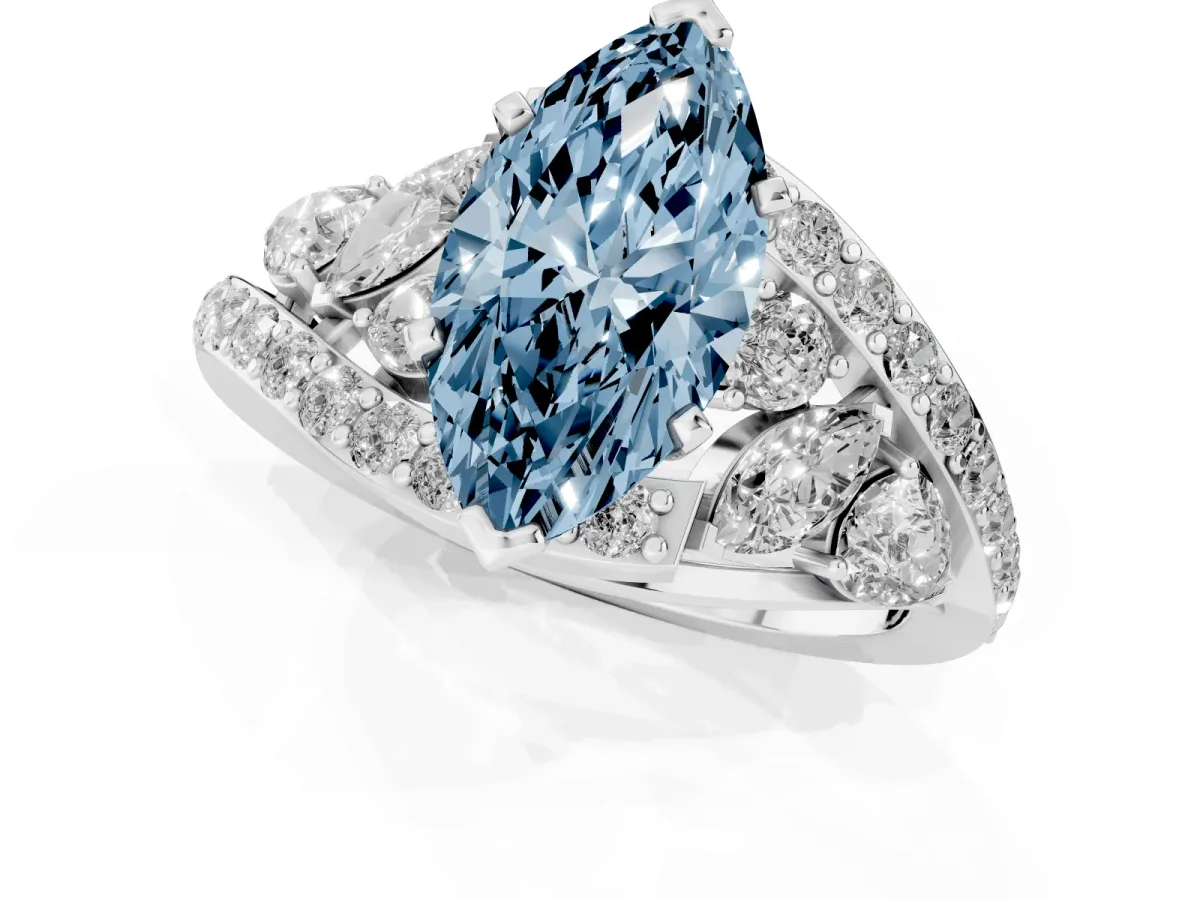 Fancy Blue Marquise Cut Diamond Halo Ring with Marquise and Pavé Band in Prong Setting Silver