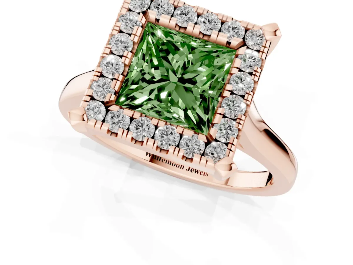 Fancy Green Princess Cut Diamond Cluster Halo Solitaire with Four-Prong Setting Rose gold