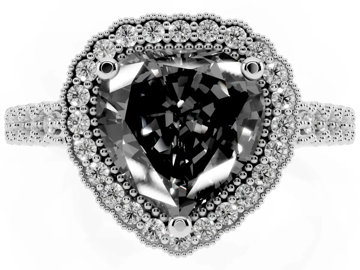 Fancy Black Heart Cut Cut Halo Pavé Solitaire Ring with Milgrain Band Platinum