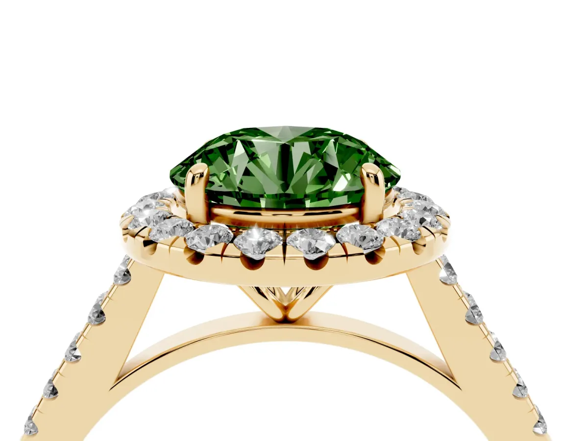 Fancy Green Round Cut Halo Pave Diamond Engagement Ring with Four-Prong Setting Yellow gold