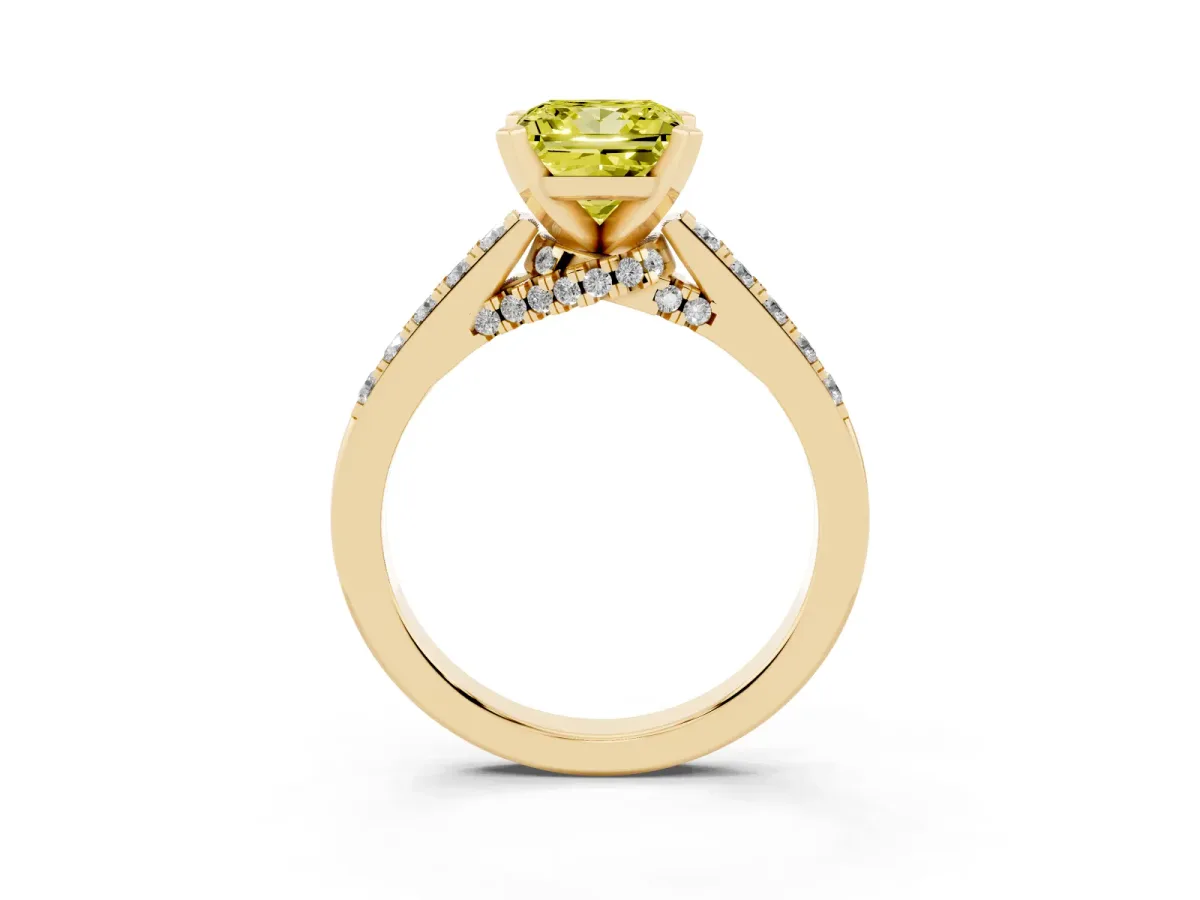 Fancy Yellow Princess Cut Diamond Solitaire Ring with Crossover Gallery and Round Pavé Band Yellow gold