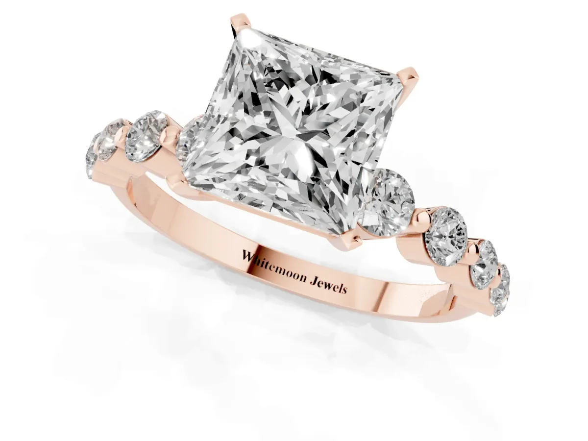 Princess Cut Solitaire Diamond Ring with Pave Band and Four-Prong Setting Rose gold