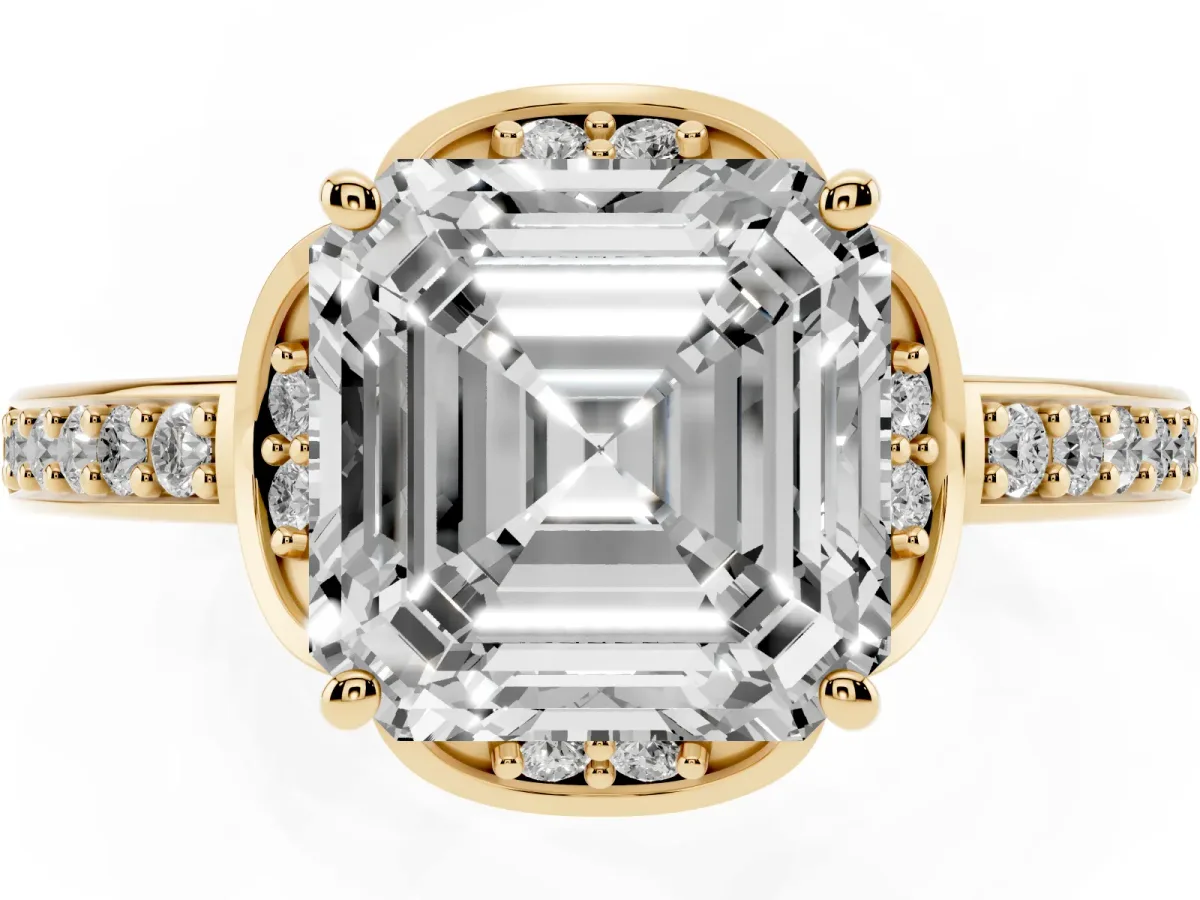 Asscher Cut Cut Halo Diamond Ring with Channel Set Band and Four-Prong Setting Yellow gold
