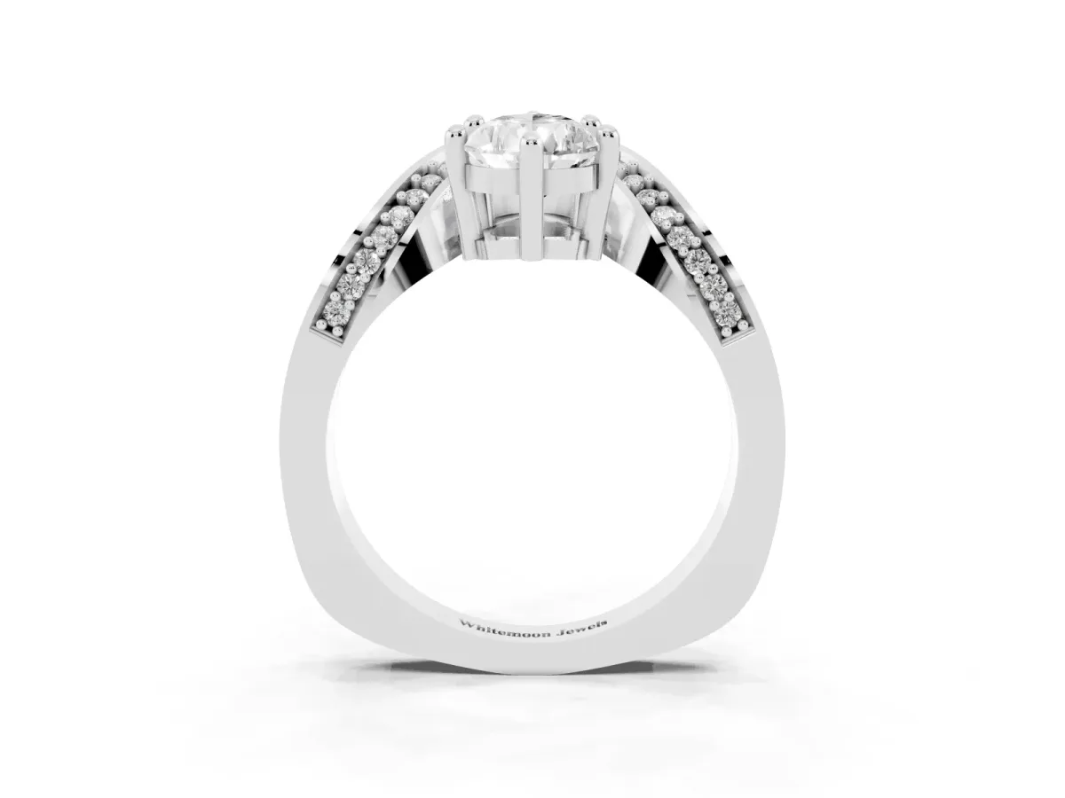 Pear Cut Solitaire Diamond Engagement Ring with Pave Band and Four-Prong Setting White gold