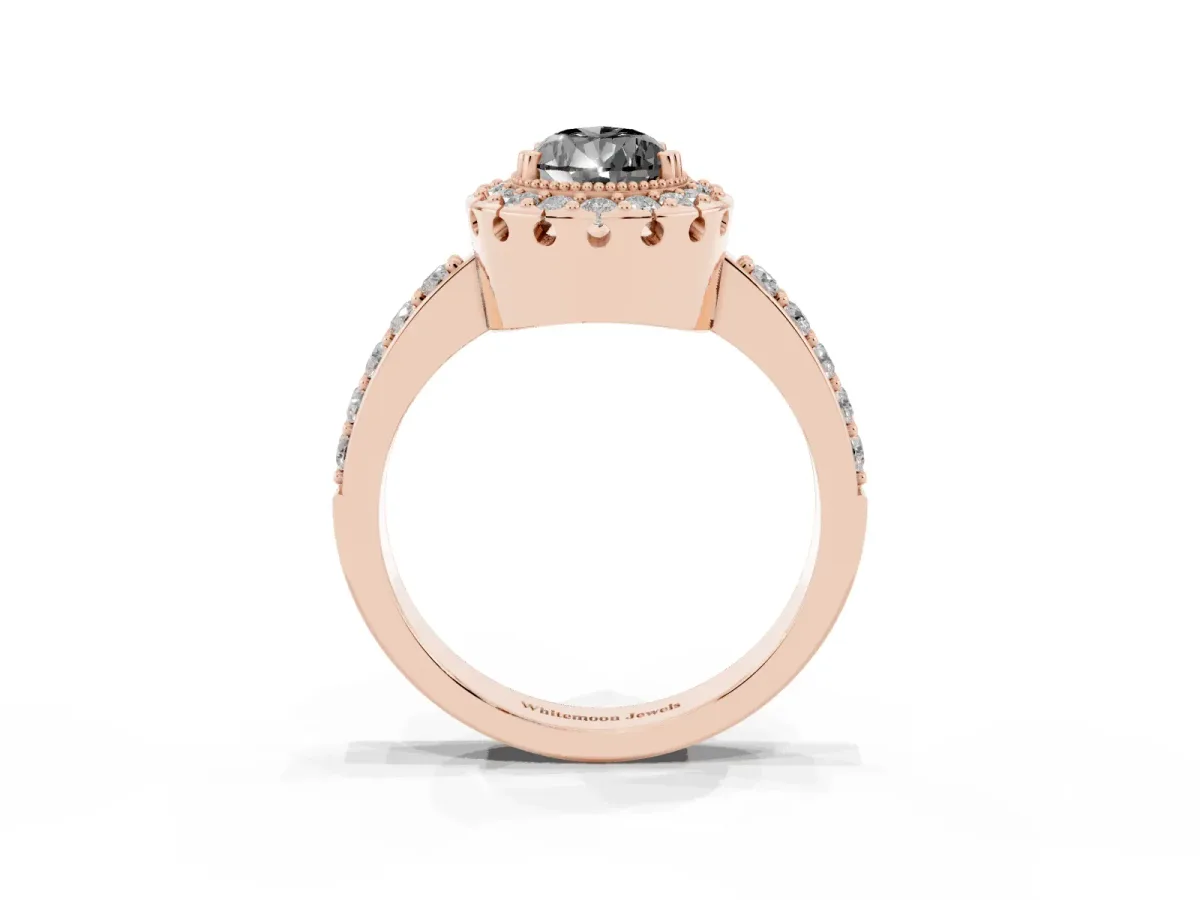 Fancy Black Pear Cut Diamond Halo Ring with Pavé Band and Prong Setting Rose gold