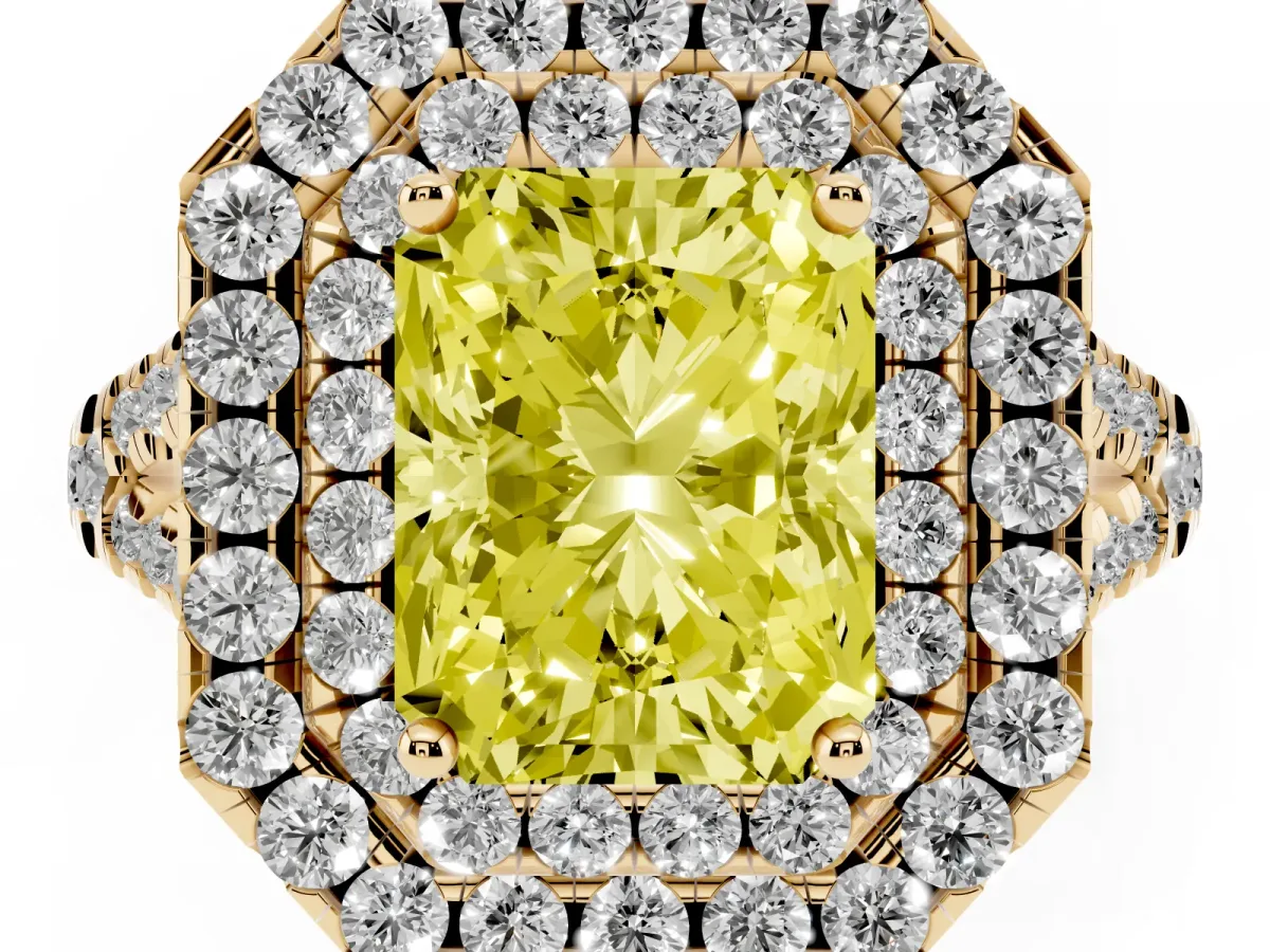 Fancy Yellow Double Halo Radiant Cut Diamond Pavé Split Shank Ring with Prong Setting Yellow gold