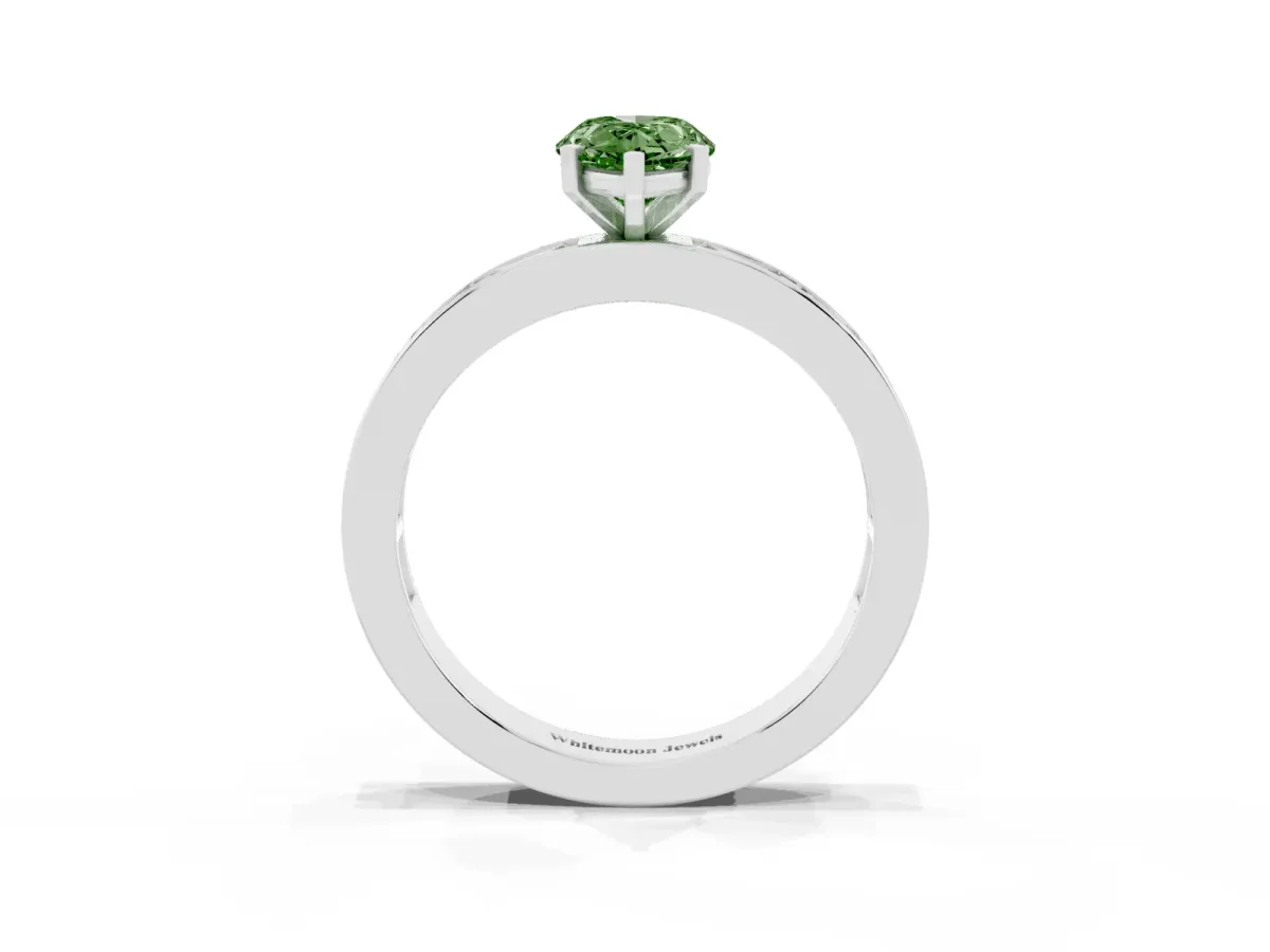 Fancy Green Pear Cut Solitaire Diamond Ring with Channel-Set Baguette Band and Four-Prong Setting White gold