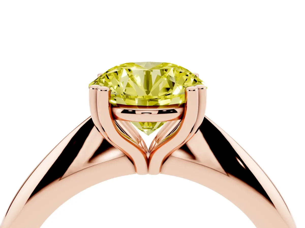 Fancy Yellow Round Cut Cut Solitaire Engagement Ring with Tapered Band and Four-Prong Setting Rose gold