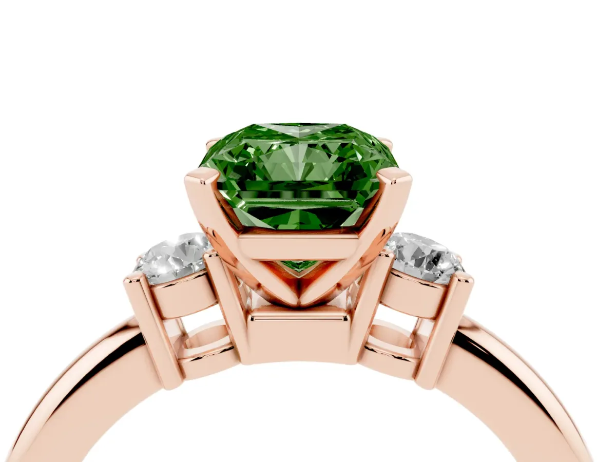 Fancy Green Three-Stone Radiant Cut Cut Diamond Solitaire with Prong Setting and Classic Band Rose gold