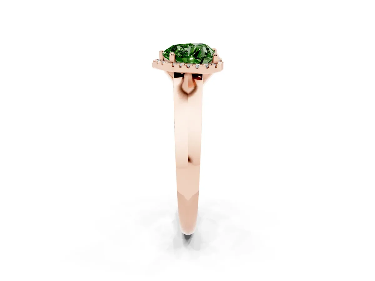 Fancy Green Heart Cut Halo Diamond Ring with Cathedral Band and Four-Prong Setting Rose gold