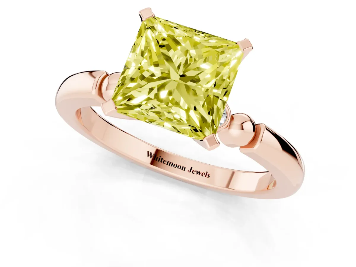 Fancy Yellow Princess Cut Solitaire Beaded Band with Four-Prong Setting Rose gold