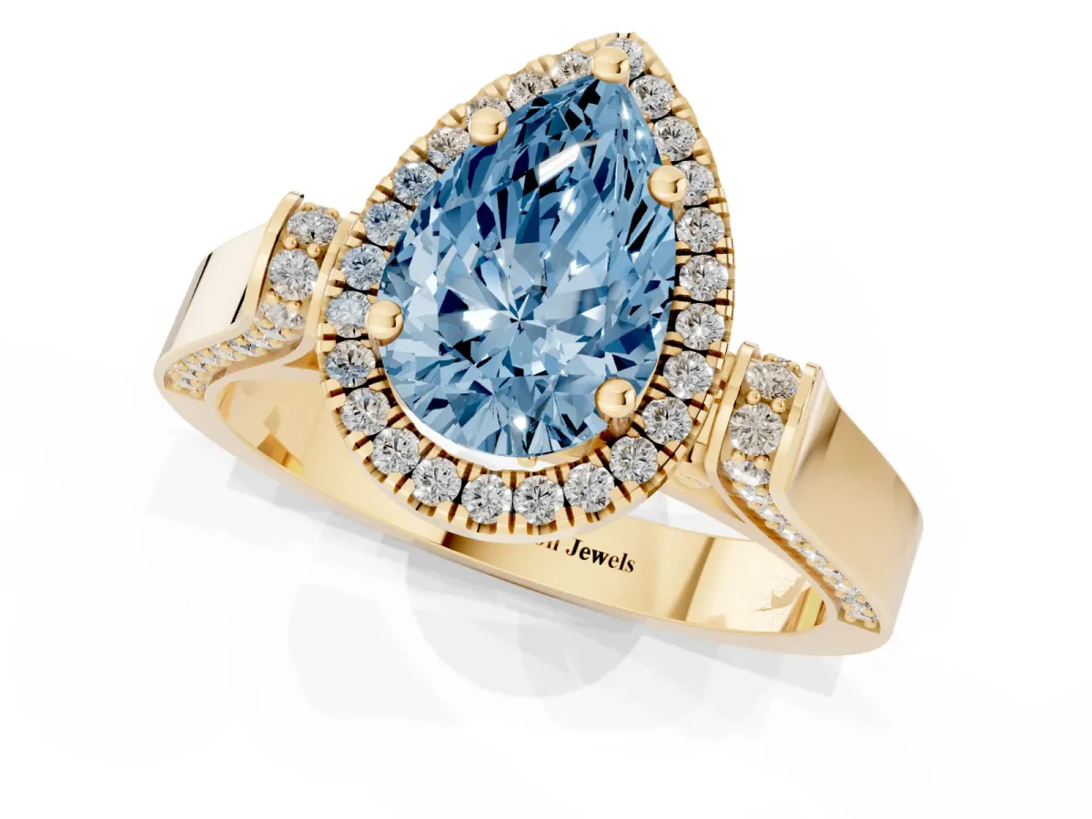 Fancy Blue Pear Cut Halo Pave Split Shank Prong Setting Ring Yellow gold