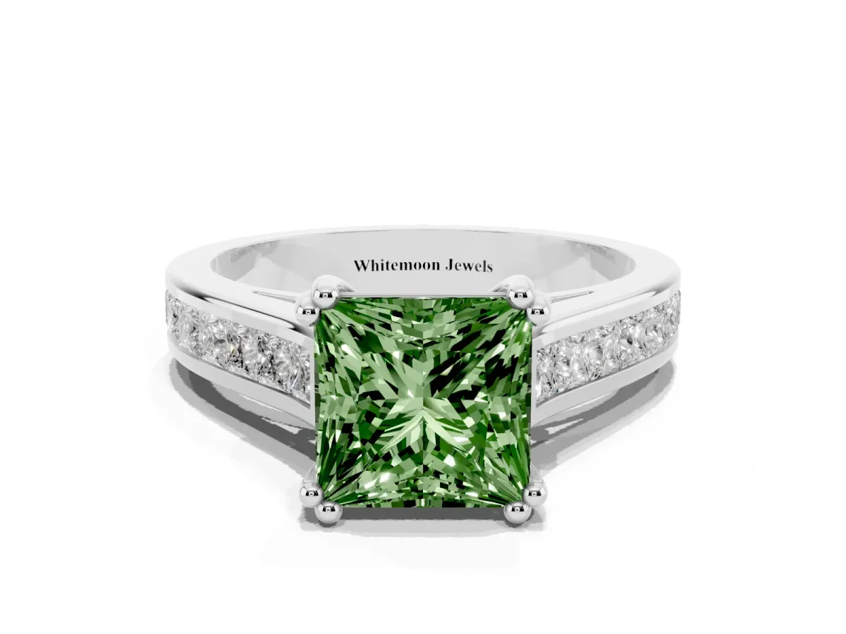 Fancy Green Princess Cut Cut Channel Set Solitaire Engagement Ring with Prong Setting Platinum