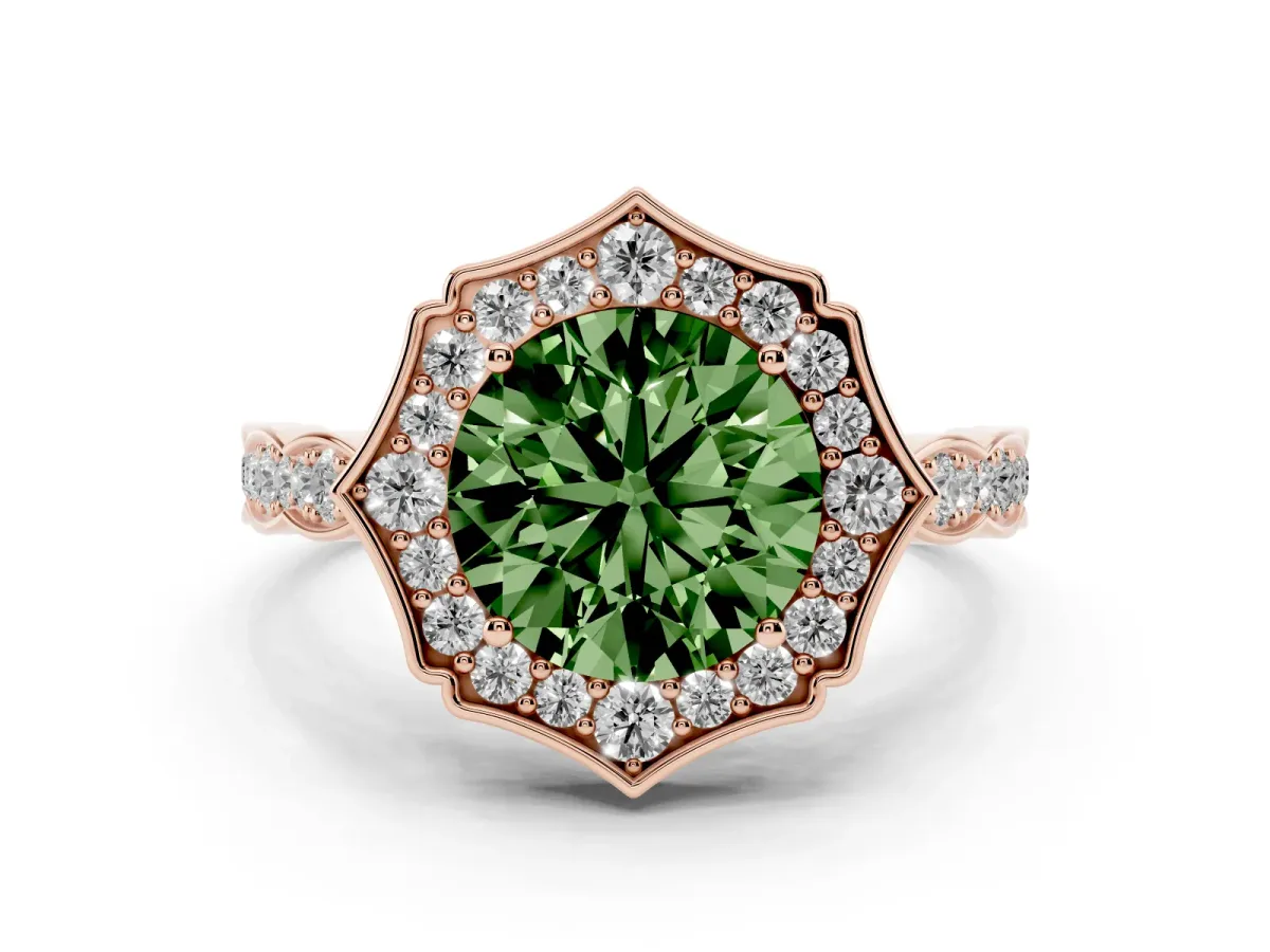 Fancy Green Round Cut Halo Diamond Engagement Ring with Milgrain Band and Four-Prong Setting Rose gold