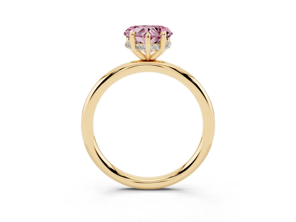 Fancy Pink Heart Cut Diamond Solitaire Ring with Thin Band and Four-Prong Setting Yellow gold