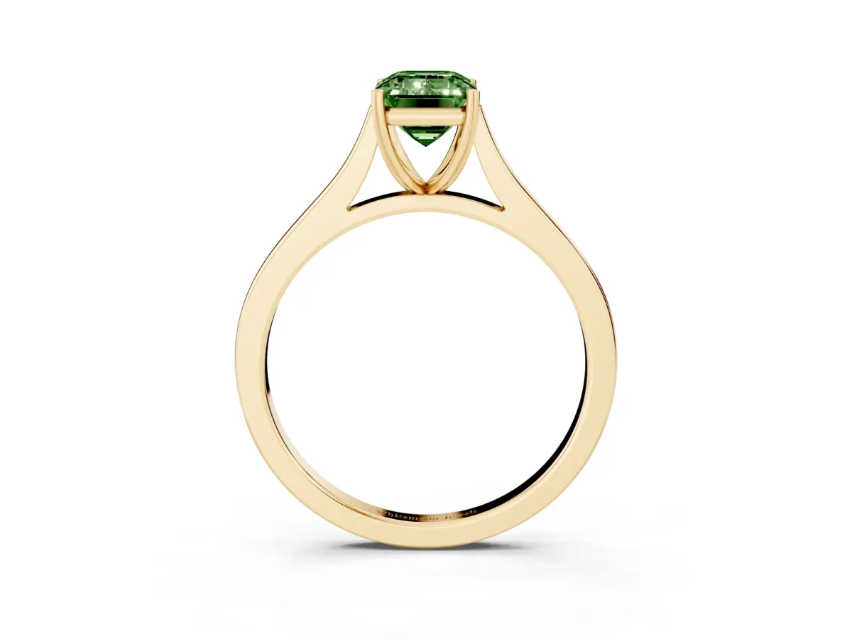 Fancy Green Emerald Cut Solitaire Heart Prong Engagement Ring with Tapered Band Yellow gold