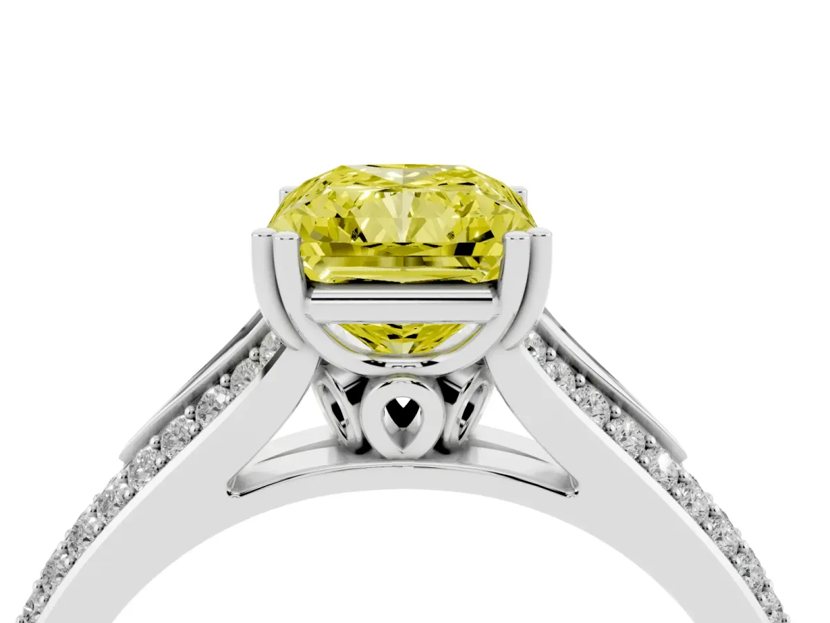 Fancy Yellow Radiant Cut Diamond Split Shank Engagement Ring with Pavé Band Platinum