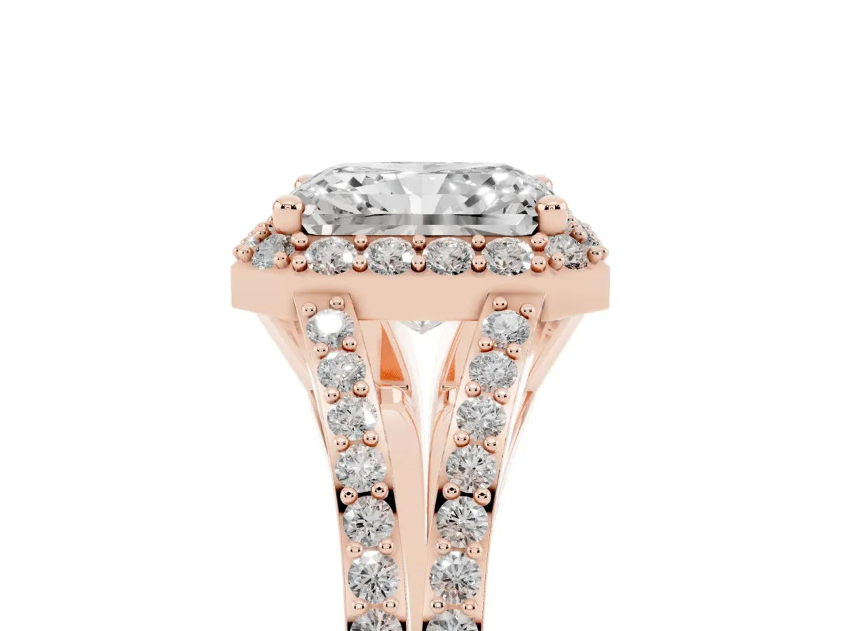 Radiant Cut Halo Split Shank Pave Diamond Ring with Four-Prong Setting Rose gold