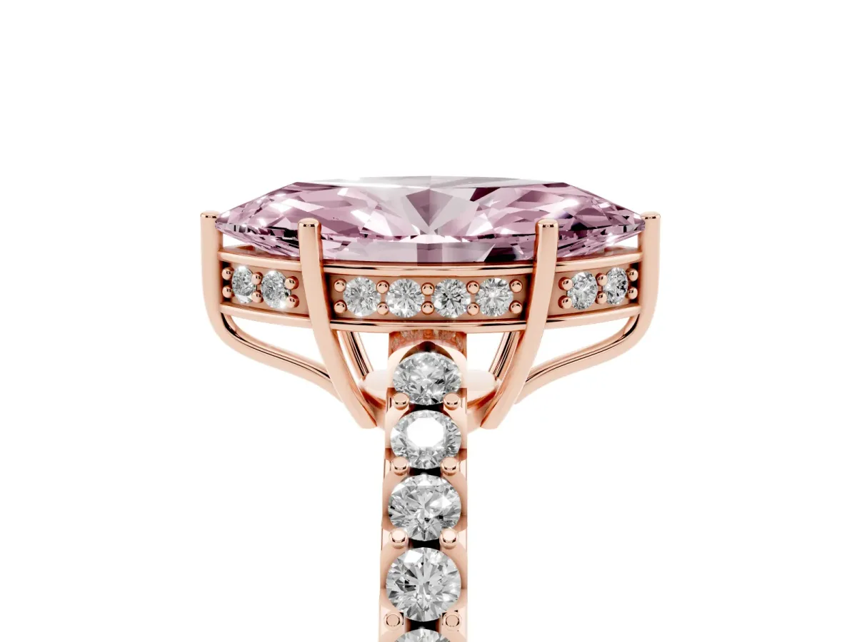 Fancy Pink Marquise Cut Solitaire Diamond Engagement Ring with Pavé Band and Six-Prong Setting Rose gold