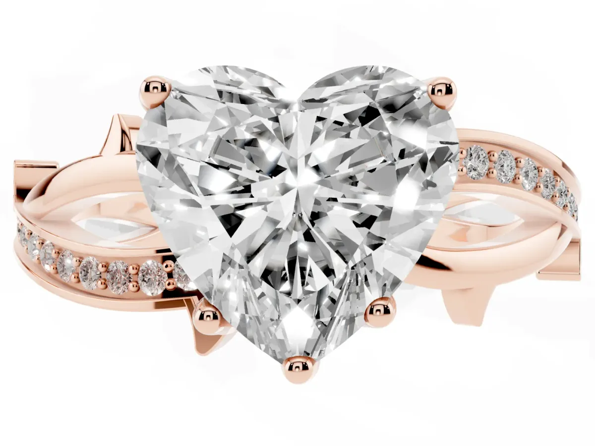 Heart Cut Solitaire Twist Band with Pavé Accents and Four-Prong Setting Rose gold