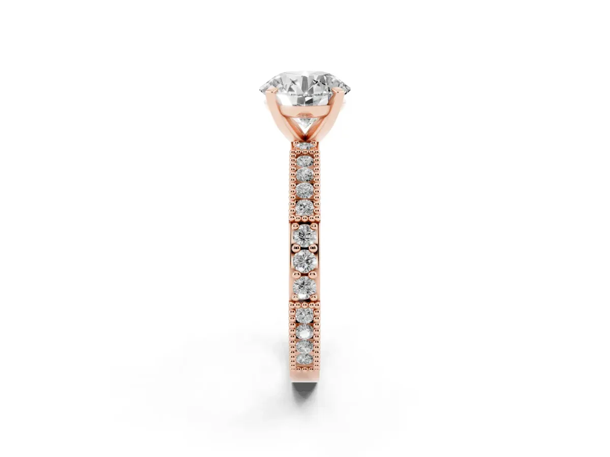 Round Cut Solitaire with Pavé Band and Four-Prong Setting Rose gold
