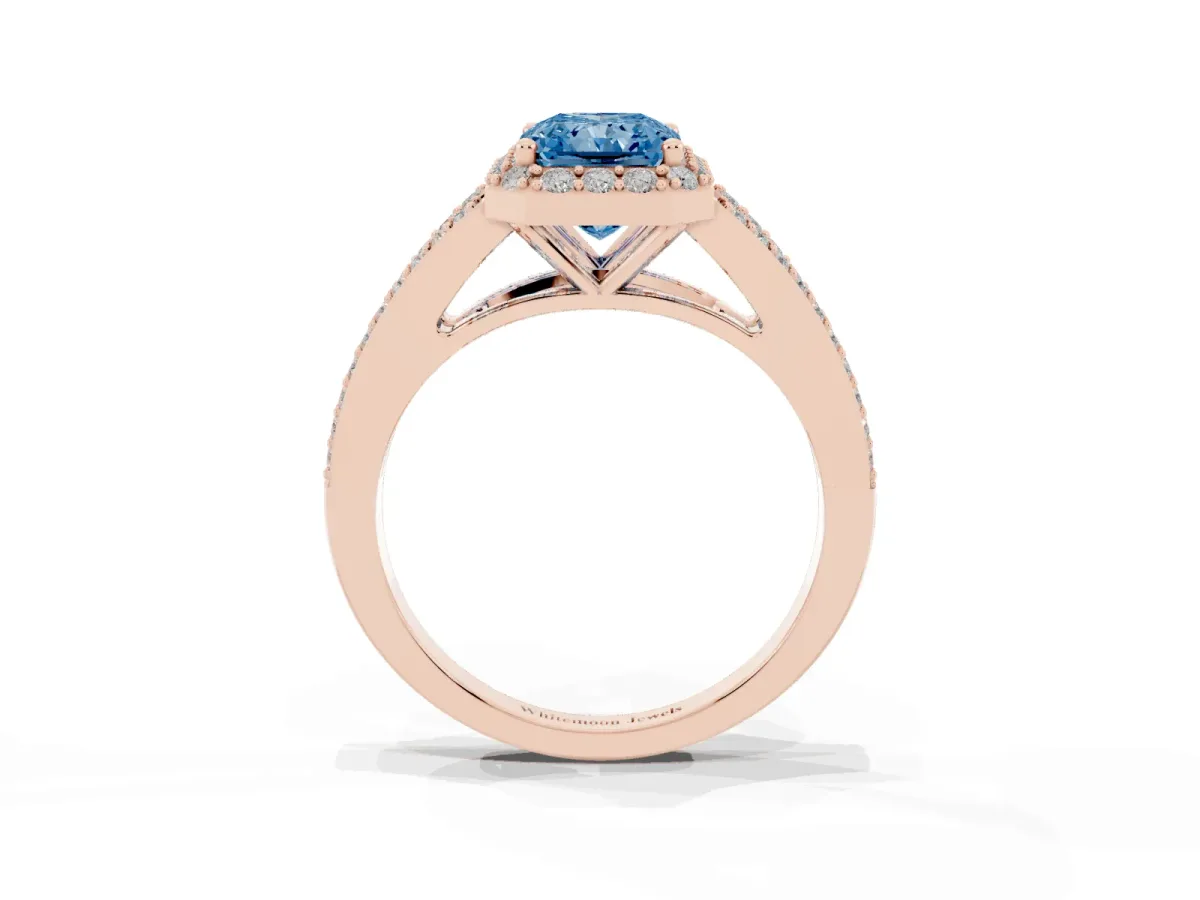 Fancy Blue Radiant Cut Halo Split Shank Pave Diamond Ring with Four-Prong Setting Rose gold