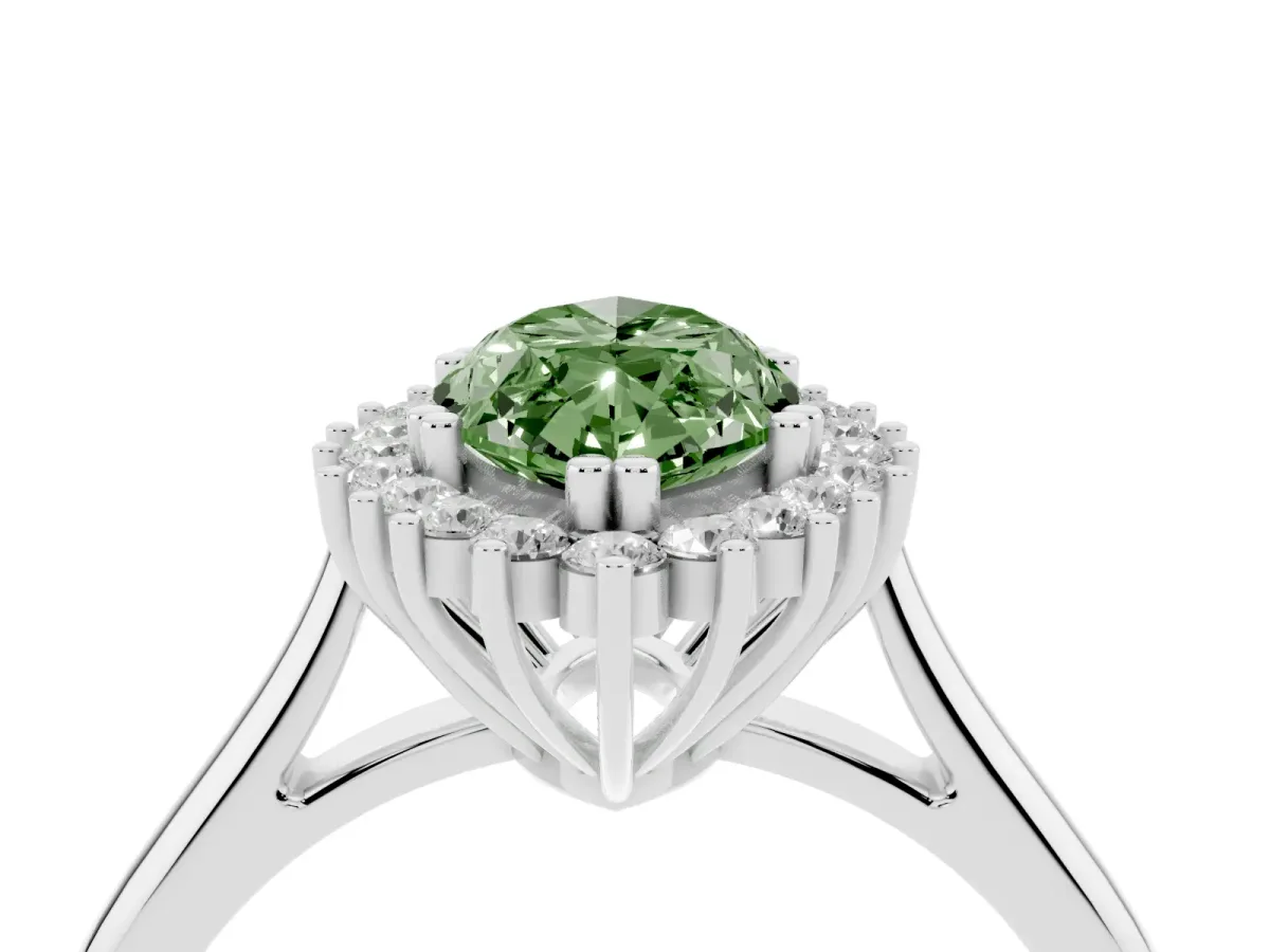 Fancy Green Marquise Cut Cut Diamond Halo Ring with Solitaire Band and Prong Setting Platinum