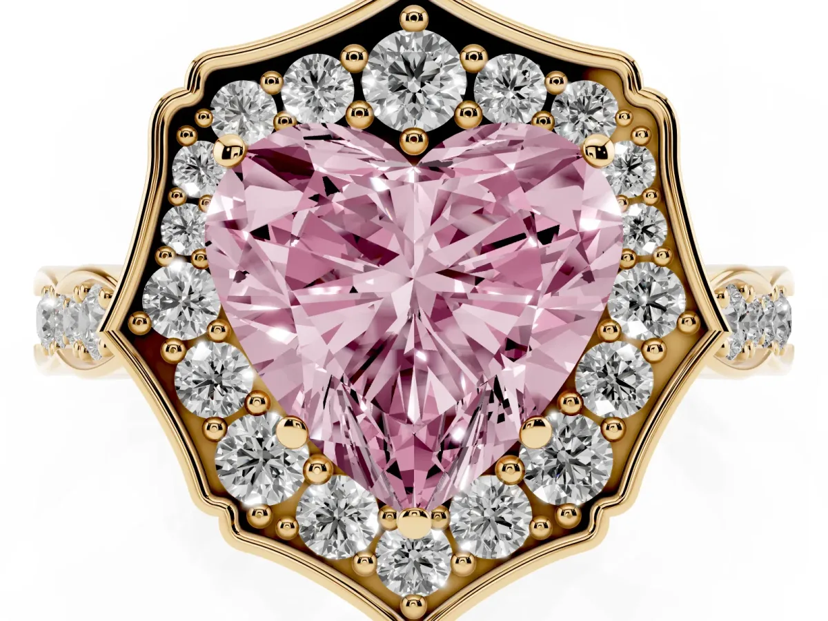 Fancy Pink Heart Cut Halo Diamond Engagement Ring with Milgrain Band and Four-Prong Setting Yellow gold