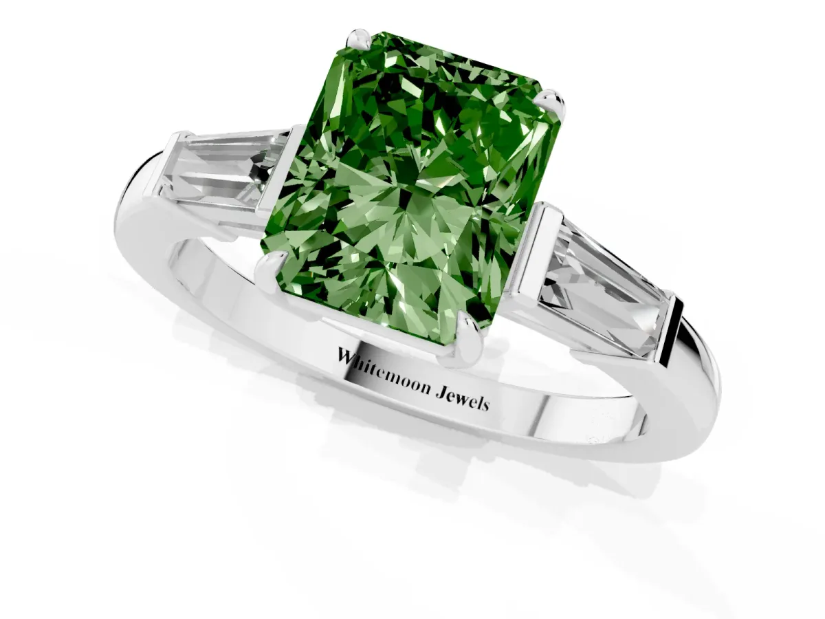 Fancy Green Radiant Cut Diamond Three-Stone Ring with Tapered Baguette Side Stones and Prong Setting Silver