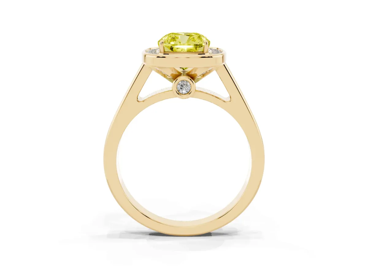 Fancy Yellow Cushion Cut Halo Solitaire Diamond Ring with Pave Band and Bezel Setting Yellow gold