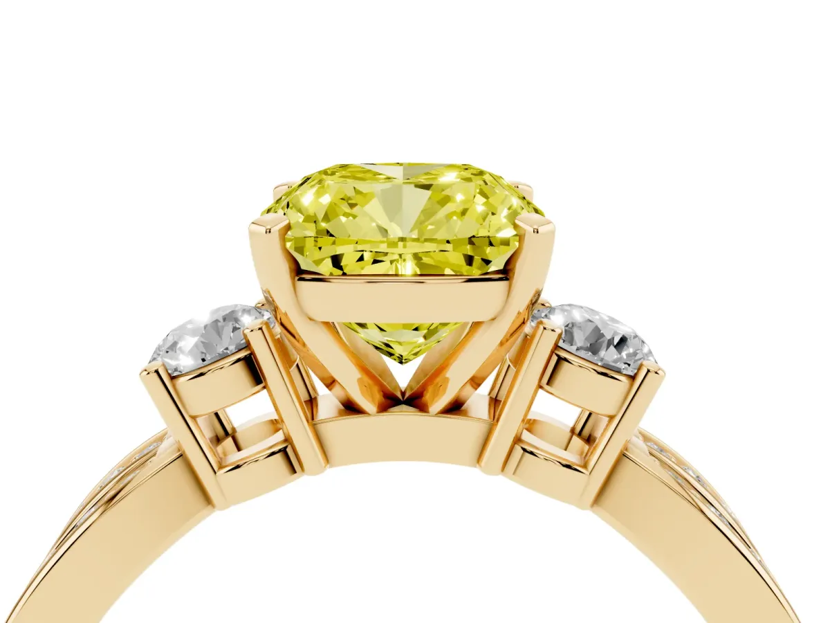 Fancy Yellow Three-Stone Cushion Cut Cut Diamond Twist Band with Prong Setting Yellow gold