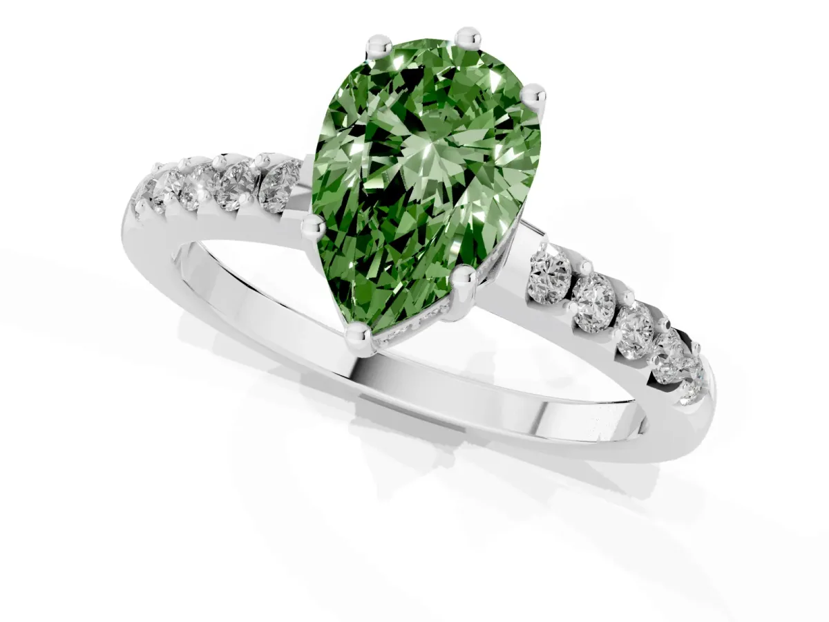 Fancy Green Pear Cut Solitaire Diamond Engagement Ring with Pavé Band and Six-Prong Setting Platinum