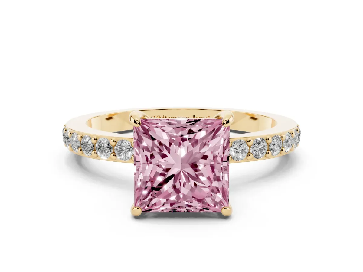 Fancy Pink Princess Cut Diamond Pavé Engagement Ring with Round Accents and Prong Setting Yellow gold