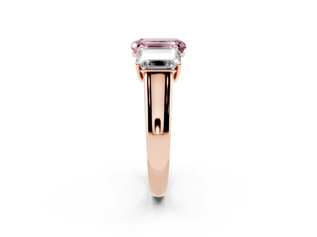 Fancy Pink Emerald Cut Three-Stone Diamond Ring with Prong Setting on a Classic Band Rose gold